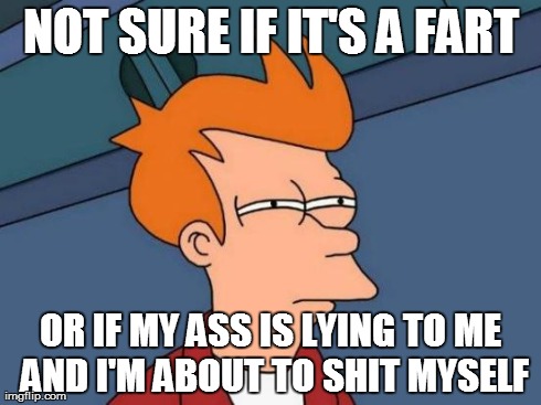 Futurama Fry | NOT SURE IF IT'S A FART OR IF MY ASS IS LYING TO ME AND I'M ABOUT TO SHIT MYSELF | image tagged in memes,futurama fry | made w/ Imgflip meme maker