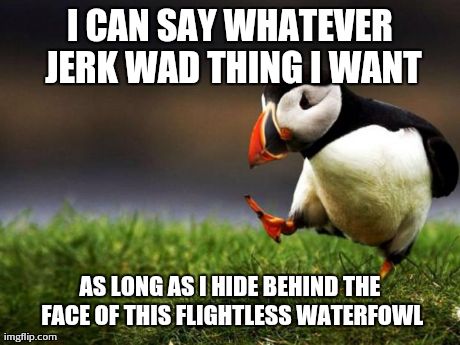 Unpopular Opinion Puffin | I CAN SAY WHATEVER JERK WAD THING I WANT AS LONG AS I HIDE BEHIND THE FACE OF THIS FLIGHTLESS WATERFOWL | image tagged in memes,unpopular opinion puffin | made w/ Imgflip meme maker