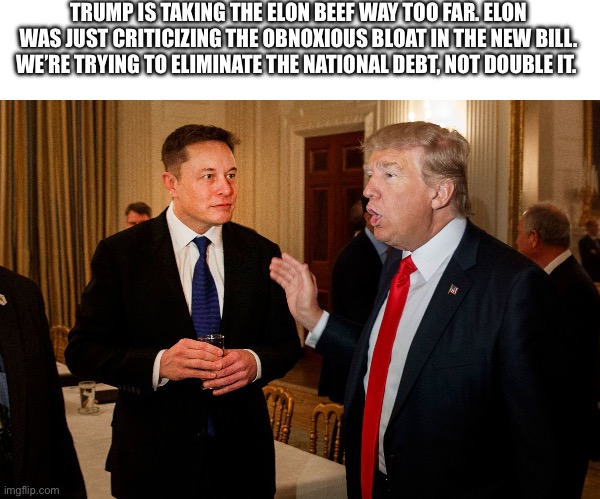 I can’t support orange man anymore, he’s gone nuts | TRUMP IS TAKING THE ELON BEEF WAY TOO FAR. ELON WAS JUST CRITICIZING THE OBNOXIOUS BLOAT IN THE NEW BILL. WE’RE TRYING TO ELIMINATE THE NATIONAL DEBT, NOT DOUBLE IT. | image tagged in trump and elon musk,beef,donald trump the clown,crazy,we are screwed,based elon | made w/ Imgflip meme maker