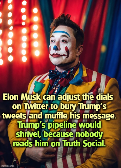 Elon Musk can adjust the dials 
on Twitter to bury Trump's tweets and muffle his message. Trump's pipeline would shrivel, because nobody reads him on Truth Social. | image tagged in elon musk,twitter,trump,truth social | made w/ Imgflip meme maker