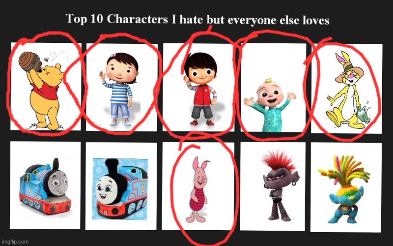 Can you please stop adding my favorite characters? | image tagged in little baby bum,winnie the pooh,thomas the tank engine,cocomelon,trolls world tour | made w/ Imgflip meme maker