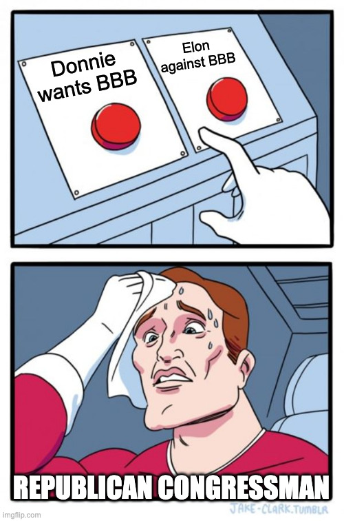 Big Beautiful Blunder | Elon
against BBB; Donnie
wants BBB; REPUBLICAN CONGRESSMAN | image tagged in memes,two buttons,trump musk antagony,big beatiful bill,republican congressmen | made w/ Imgflip meme maker