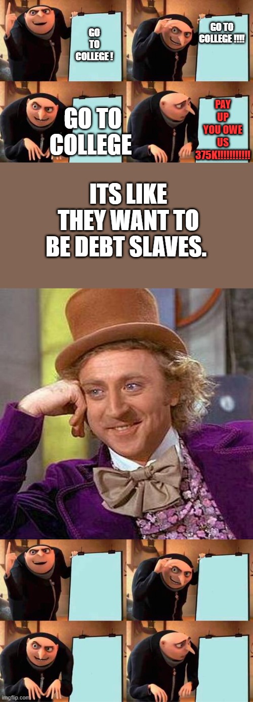 So sad sad sad, & they blame everyone that didn't do it. Saying no to college was best thing i ever  DONE .. My mind still works | GO TO COLLEGE !!!! PAY UP YOU OWE US 375K!!!!!!!!!!! GO TO COLLEGE ! GO TO COLLEGE; ITS LIKE THEY WANT TO BE DEBT SLAVES. | image tagged in memes,creepy condescending wonka | made w/ Imgflip meme maker