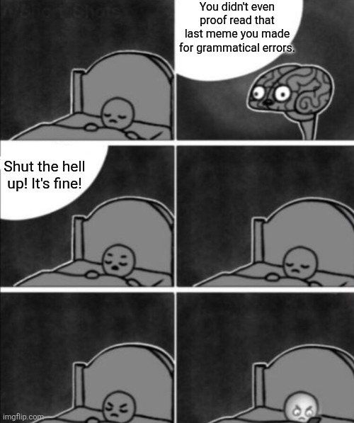 Grammar Nazi brain | You didn't even proof read that last meme you made for grammatical errors. Shut the hell up! It's fine! | image tagged in annoying brain,grammar nazi | made w/ Imgflip meme maker