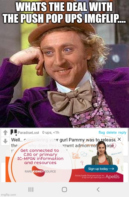 Rougue adverts.... | WHATS THE DEAL WITH THE PUSH POP UPS IMGFLIP.... | image tagged in memes,creepy condescending wonka | made w/ Imgflip meme maker