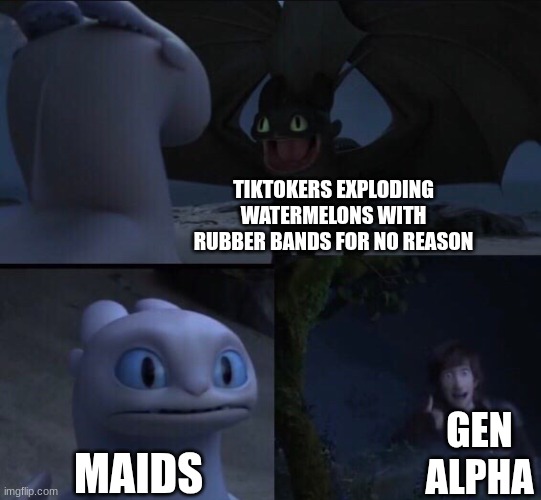 How to train your dragon 3 | TIKTOKERS EXPLODING WATERMELONS WITH RUBBER BANDS FOR NO REASON; GEN ALPHA; MAIDS | image tagged in how to train your dragon 3 | made w/ Imgflip meme maker