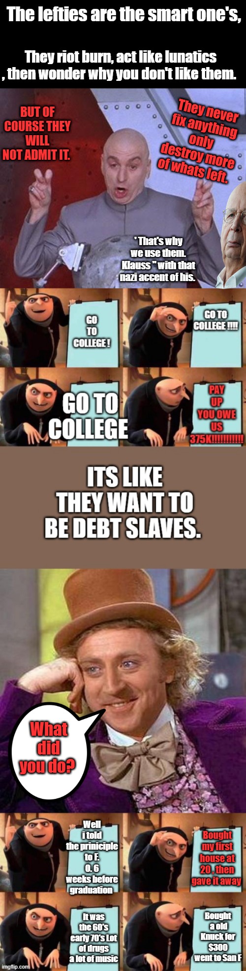 Its horrible what they did to you guys, but being mad at the ones that didn't go. Will only destroy you & everyone else. | The lefties are the smart one's, They riot burn, act like lunatics , then wonder why you don't like them. BUT OF COURSE THEY WILL NOT ADMIT IT. They never fix anything only destroy more of whats left. ' That's why we use them. Klauss " with that nazi accent of his. What did you do? Well i told the priniciple to F. O. 6 weeks before graduation; Bought my first house at 20 , then gave it away; Bought  a old Knuck for $300 went to San F; It was the 60's early 70's Lot of drugs a lot of music | made w/ Imgflip meme maker