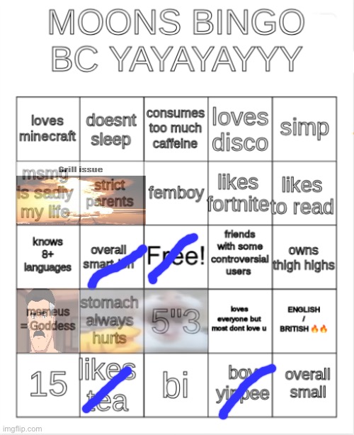 moons bingo | image tagged in moons bingo,msmg | made w/ Imgflip meme maker