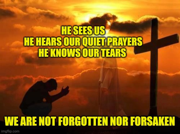 Kneeling man | HE SEES US
HE HEARS OUR QUIET PRAYERS
HE KNOWS OUR TEARS; WE ARE NOT FORGOTTEN NOR FORSAKEN | image tagged in kneeling man | made w/ Imgflip meme maker