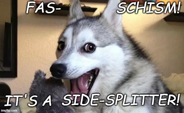 Pun dog - husky | FAS- IT'S A SCHISM! SIDE-SPLITTER! | image tagged in pun dog - husky | made w/ Imgflip meme maker