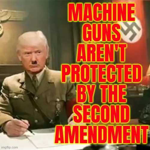 Trump Administration Says Machine Guns Aren't Protected By Second Amendment | MACHINE
GUNS
AREN'T
PROTECTED
BY THE
SECOND
AMENDMENT | image tagged in donald trump hitler,machine gun,second amendment,gun rights,evil government,big government | made w/ Imgflip meme maker