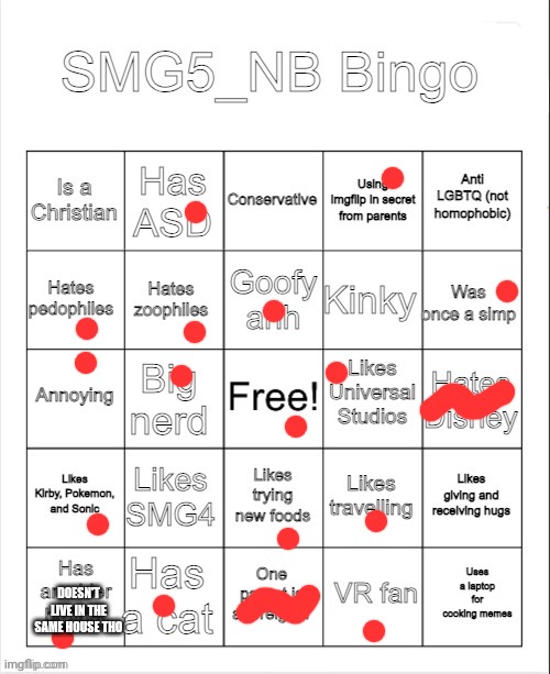 SMG5_NB bingo | DOESN'T LIVE IN THE SAME HOUSE THO | image tagged in smg5_nb bingo | made w/ Imgflip meme maker