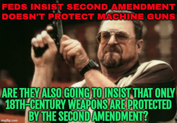 Feds Insist Second Amendment Doesn't Protect Machine Guns | FEDS INSIST SECOND AMENDMENT
DOESN'T PROTECT MACHINE GUNS; ARE THEY ALSO GOING TO INSIST THAT ONLY
18TH-CENTURY WEAPONS ARE PROTECTED
BY THE SECOND AMENDMENT? | image tagged in memes,am i the only one around here,second amendment,donald trump,gun rights,constitution | made w/ Imgflip meme maker