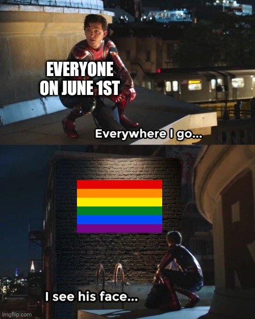 For me, as a Christian, I don't follow this, but I actually don't mind others who support it. | EVERYONE ON JUNE 1ST | image tagged in everywhere i go i see his face,memes,funny,lgbtq | made w/ Imgflip meme maker