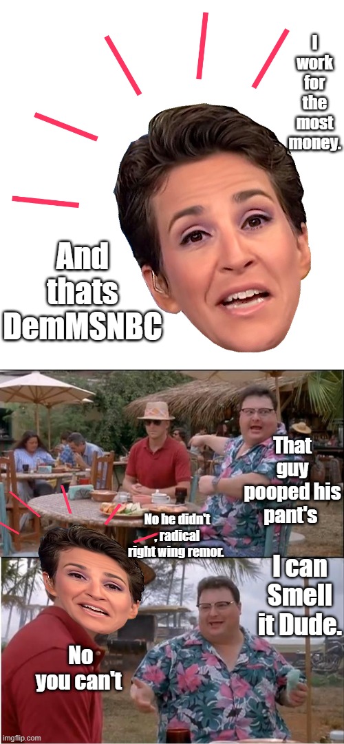 I work for the most money. And thats DemMSNBC; That guy pooped his pant's; No he didn't , radical right wing remor. I can Smell it Dude. No you can't | image tagged in memes,see nobody cares | made w/ Imgflip meme maker