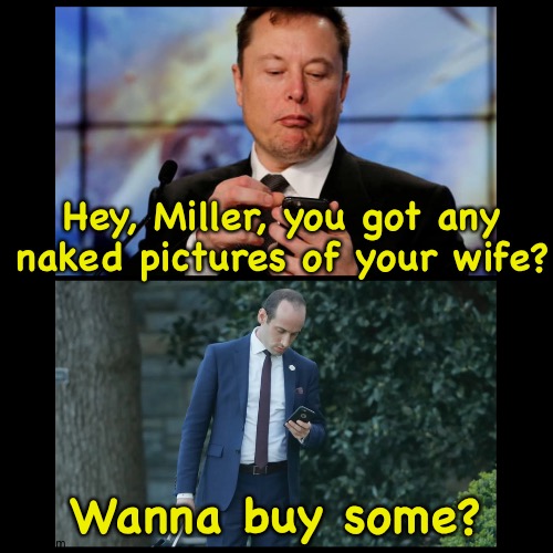 Elon pizzing orf Miller | Hey, Miller, you got any naked pictures of your wife? Wanna buy some? | image tagged in elon and stephen | made w/ Imgflip meme maker