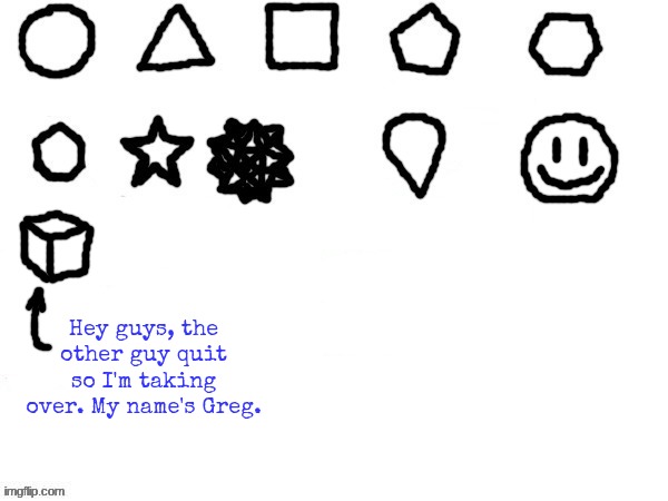 Hey guys, the other guy quit so I'm taking over. My name's Greg. | made w/ Imgflip meme maker