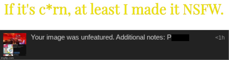 It was clearly marked NSFW for a reason. I get why it's removed though. No hate, no beef. | If it's c*rn, at least I made it NSFW. | image tagged in opinion,images | made w/ Imgflip meme maker