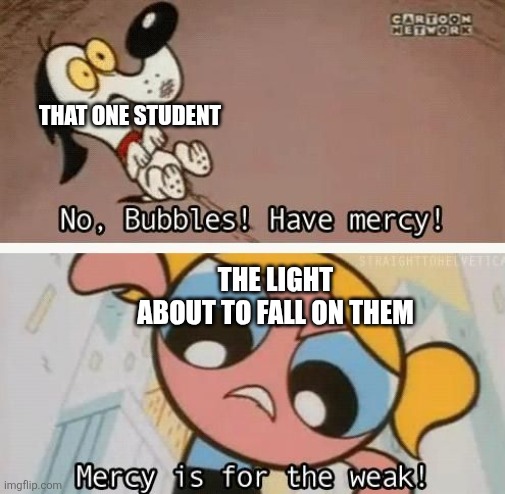 Bubbles mercy weak powerpuff girls dog | THAT ONE STUDENT THE LIGHT ABOUT TO FALL ON THEM | image tagged in bubbles mercy weak powerpuff girls dog | made w/ Imgflip meme maker