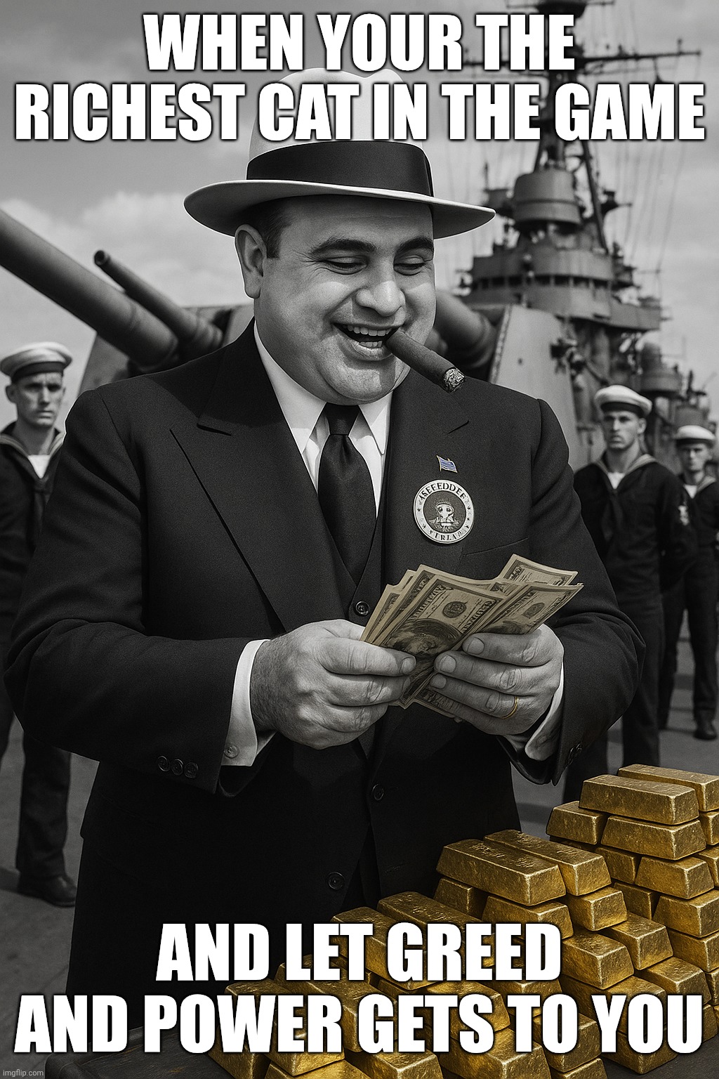Alcapone as president meme | WHEN YOUR THE RICHEST CAT IN THE GAME; AND LET GREED AND POWER GETS TO YOU | image tagged in alcapone as president meme | made w/ Imgflip meme maker