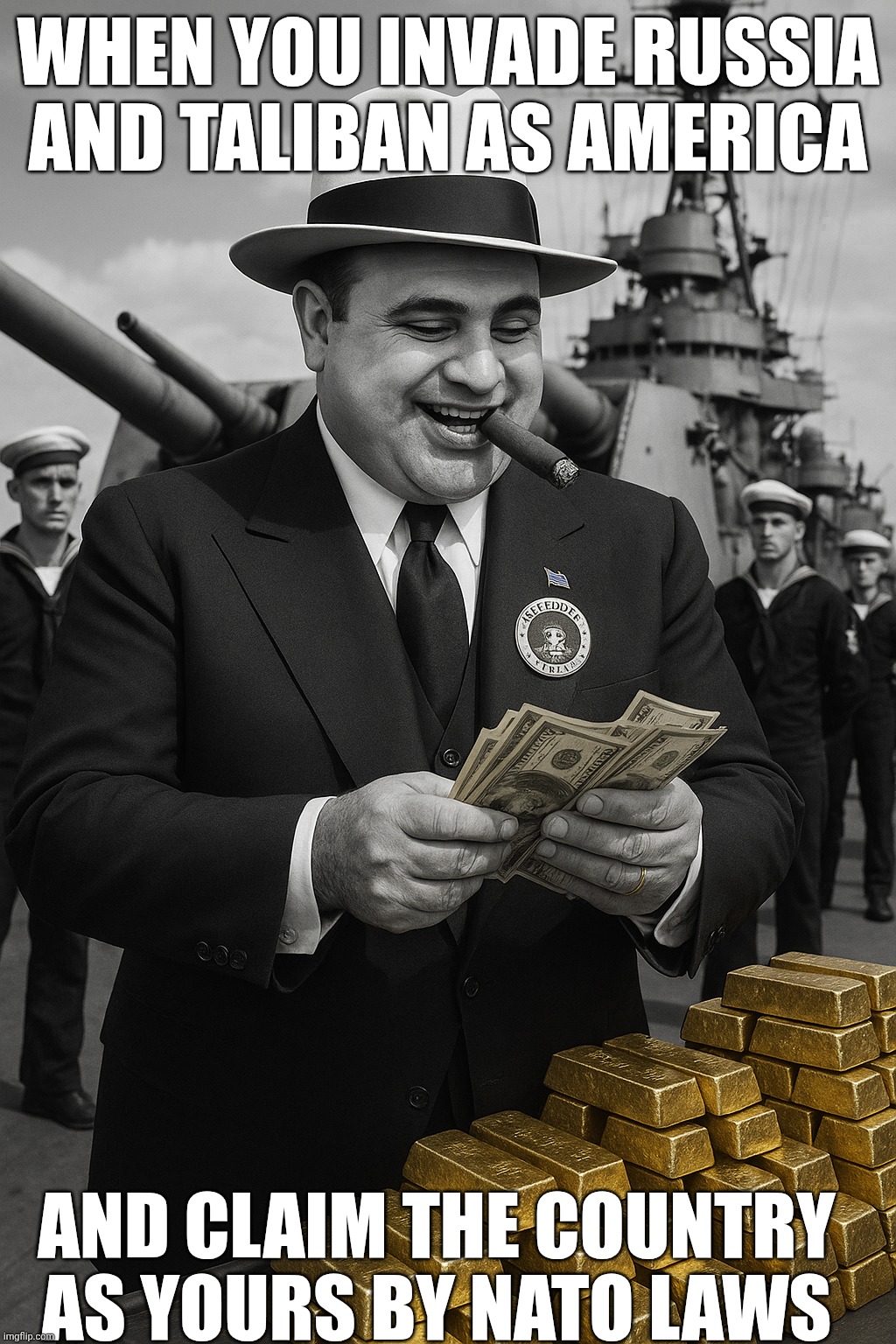 Alcapone as president meme | WHEN YOU INVADE RUSSIA AND TALIBAN AS AMERICA; AND CLAIM THE COUNTRY AS YOURS BY NATO LAWS | image tagged in alcapone as president meme | made w/ Imgflip meme maker