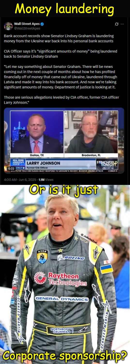 Say it isn't so Lindsey | Money laundering; Or is it just; Corporate sponsorship? | image tagged in whistleblower,money laundering,lindsey graham | made w/ Imgflip meme maker