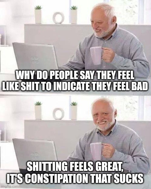 Hide the Pain Harold Meme | WHY DO PEOPLE SAY THEY FEEL LIKE SHIT TO INDICATE THEY FEEL BAD; SHITTING FEELS GREAT, IT'S CONSTIPATION THAT SUCKS | image tagged in memes,hide the pain harold | made w/ Imgflip meme maker