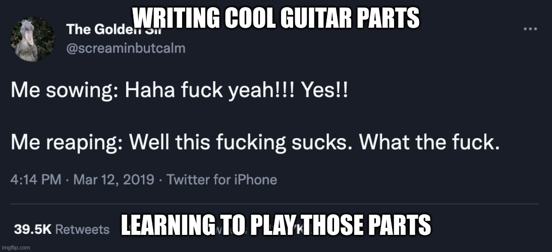 Me Sowing Me Reaping | WRITING COOL GUITAR PARTS; LEARNING TO PLAY THOSE PARTS | image tagged in me sowing me reaping | made w/ Imgflip meme maker