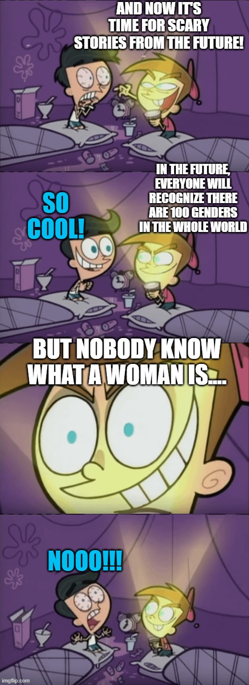 Stupidity is scary | AND NOW IT'S TIME FOR SCARY STORIES FROM THE FUTURE! SO COOL! IN THE FUTURE, EVERYONE WILL RECOGNIZE THERE ARE 100 GENDERS IN THE WHOLE WORLD; BUT NOBODY KNOW WHAT A WOMAN IS.... NOOO!!! | image tagged in scary story from the future | made w/ Imgflip meme maker
