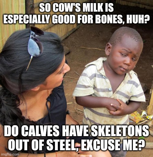Myth busted! | SO COW'S MILK IS ESPECIALLY GOOD FOR BONES, HUH? DO CALVES HAVE SKELETONS OUT OF STEEL, EXCUSE ME? | image tagged in milk,bones,memes | made w/ Imgflip meme maker