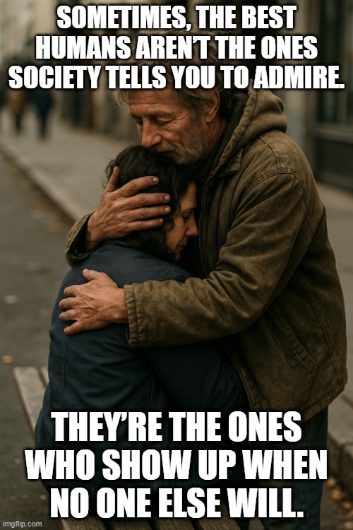 there for you | SOMETIMES, THE BEST HUMANS AREN’T THE ONES SOCIETY TELLS YOU TO ADMIRE. THEY’RE THE ONES WHO SHOW UP WHEN NO ONE ELSE WILL. | image tagged in comfort | made w/ Imgflip meme maker