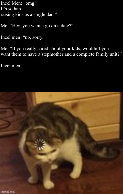 Male dating moment | Incel Men: “omg! 
It’s so hard raising kids as a single dad.”
 
Me: “Hey, you wanna go on a date?”
 
Incel men: “no, sorry.”
 
Me: “If you really cared about your kids, wouldn’t you want them to have a stepmother and a complete family unit?”
 
Incel men: | image tagged in loading cat,men,dating,marriage,incel,funny | made w/ Imgflip meme maker