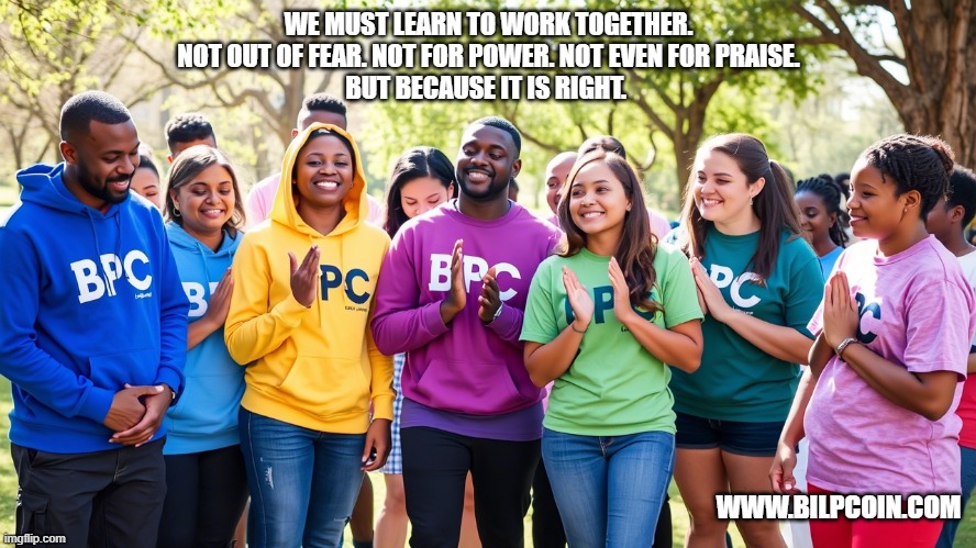 WE MUST LEARN TO WORK TOGETHER.

NOT OUT OF FEAR. NOT FOR POWER. NOT EVEN FOR PRAISE.

BUT BECAUSE IT IS RIGHT. WWW.BILPCOIN.COM | made w/ Imgflip meme maker
