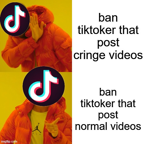 TikTok moderation right now | ban tiktoker that post cringe videos; ban tiktoker that post normal videos | image tagged in memes,drake hotline bling,tiktok,moderation system | made w/ Imgflip meme maker