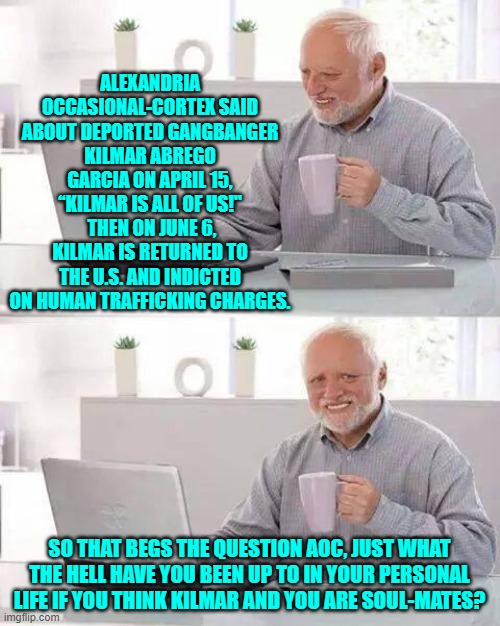 Yeah about that AOC, inquiring minds want to know. | ALEXANDRIA OCCASIONAL-CORTEX SAID ABOUT DEPORTED GANGBANGER KILMAR ABREGO GARCIA ON APRIL 15, “KILMAR IS ALL OF US!"  THEN ON JUNE 6, KILMAR IS RETURNED TO THE U.S. AND INDICTED ON HUMAN TRAFFICKING CHARGES. SO THAT BEGS THE QUESTION AOC, JUST WHAT THE HELL HAVE YOU BEEN UP TO IN YOUR PERSONAL LIFE IF YOU THINK KILMAR AND YOU ARE SOUL-MATES? | image tagged in hide the pain harold | made w/ Imgflip meme maker