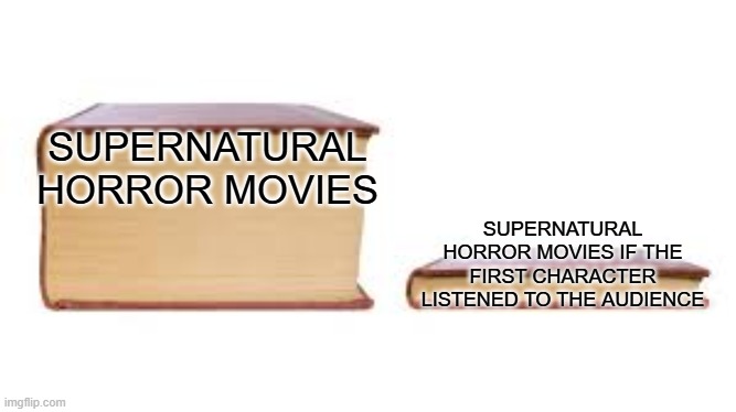 my first horror movie meme | SUPERNATURAL HORROR MOVIES; SUPERNATURAL HORROR MOVIES IF THE FIRST CHARACTER LISTENED TO THE AUDIENCE | image tagged in big book small book | made w/ Imgflip meme maker