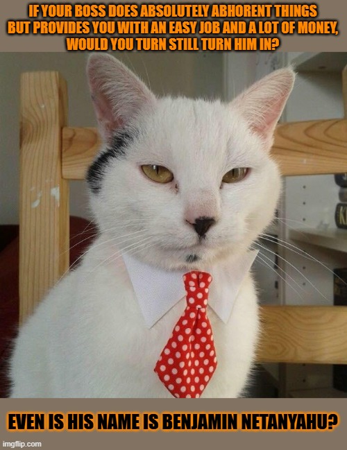This #lolcat wonders if people realise they are co-resposible if they do nothing | IF YOUR BOSS DOES ABSOLUTELY ABHORENT THINGS
BUT PROVIDES YOU WITH AN EASY JOB AND A LOT OF MONEY,
WOULD YOU TURN STILL TURN HIM IN? EVEN IS HIS NAME IS BENJAMIN NETANYAHU? | image tagged in responsibility,zionism,netanyahu,independence,lolcat | made w/ Imgflip meme maker