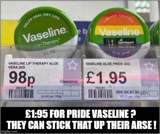 Who Would Buy The More Expensive Tin ? | £1:95 FOR PRIDE VASELINE ?
 THEY CAN STICK THAT UP THEIR ARSE ! | image tagged in pride,vaseline,mild rascim,dark humour | made w/ Imgflip meme maker