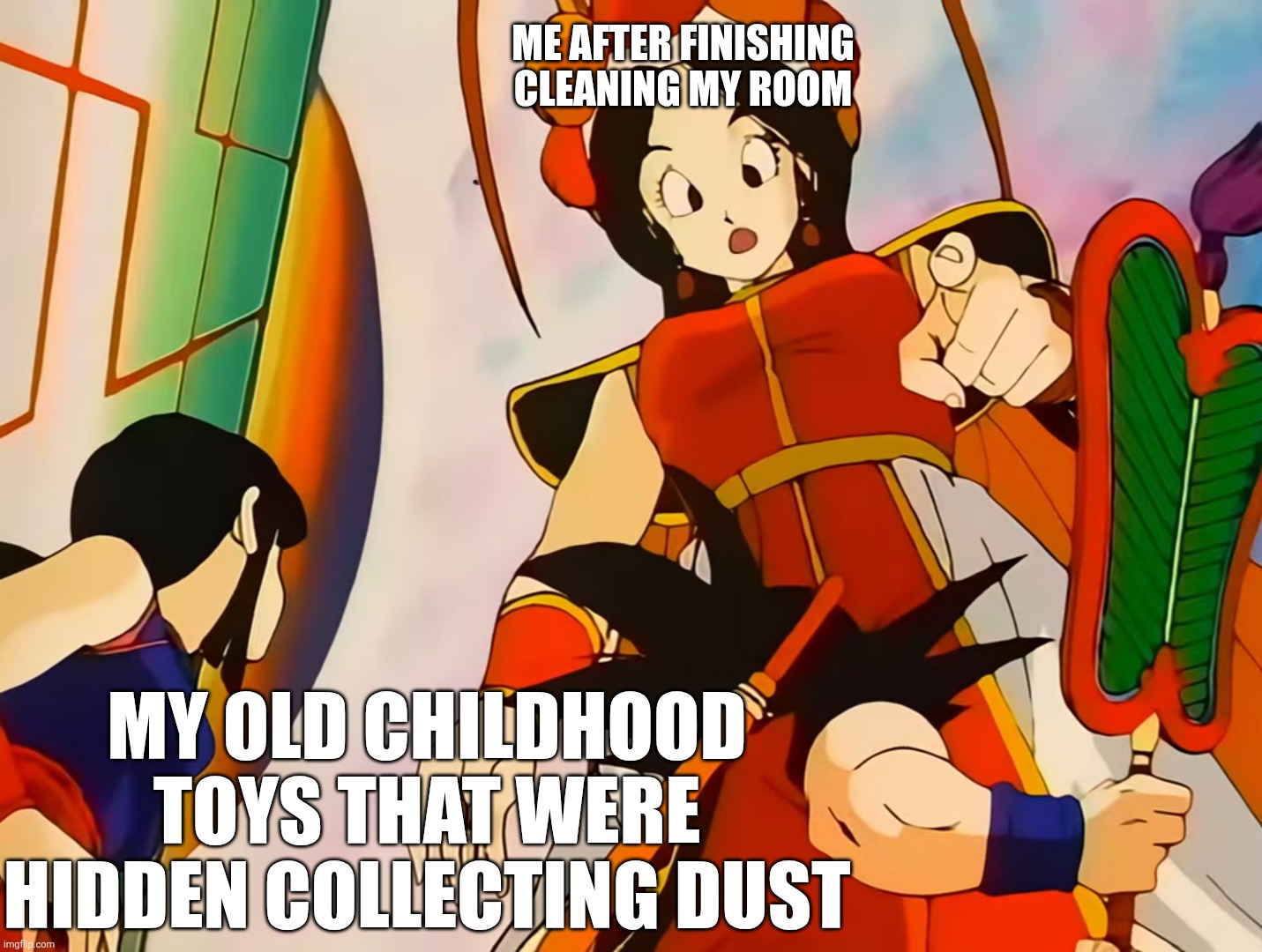 Finding old toys | ME AFTER FINISHING CLEANING MY ROOM; MY OLD CHILDHOOD TOYS THAT WERE HIDDEN COLLECTING DUST | image tagged in dragon ball,anime,toys | made w/ Imgflip meme maker