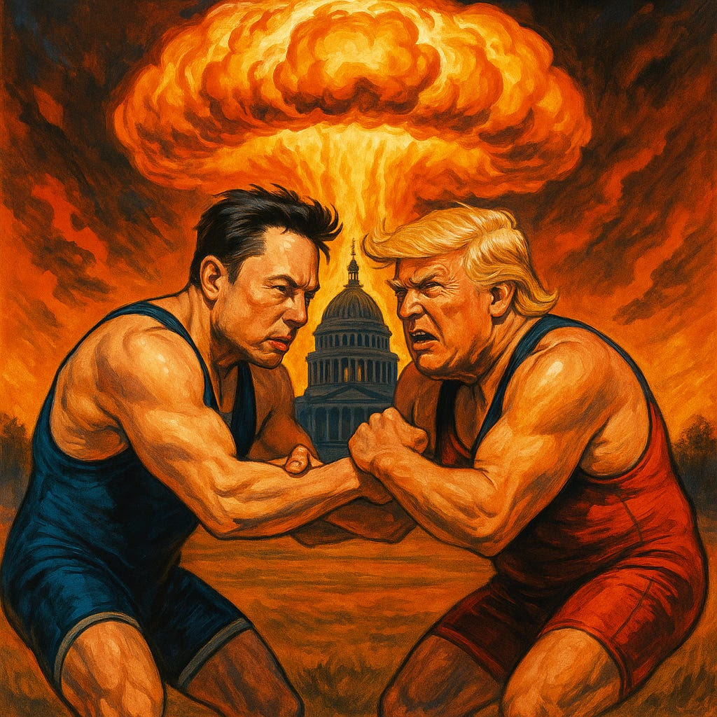 Trump vs Musk, man-boys dangerous, ugly, destructive to America Blank Meme Template