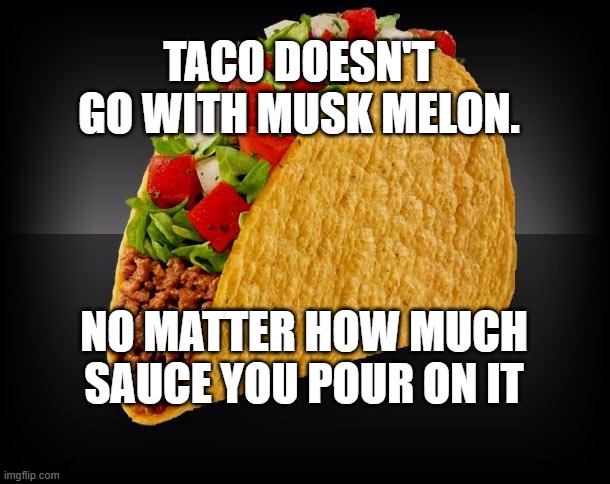 Taco and Melon | TACO DOESN'T GO WITH MUSK MELON. NO MATTER HOW MUCH SAUCE YOU POUR ON IT | image tagged in taco | made w/ Imgflip meme maker