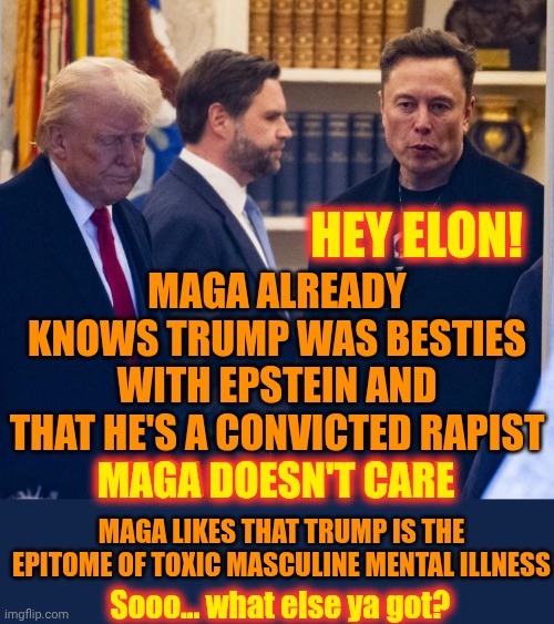 Boy Fight!  ROFLMAO! | HEY ELON! MAGA ALREADY KNOWS TRUMP WAS BESTIES WITH EPSTEIN AND THAT HE'S A CONVICTED RAPIST
MAGA DOESN'T CARE; MAGA DOESN'T CARE; MAGA LIKES THAT TRUMP IS THE EPITOME OF TOXIC MASCULINE MENTAL ILLNESS; Sooo... what else ya got? | image tagged in memes,maga,donald trump is a convicted rapist,elon musk,tabloid trash,special kind of stupid | made w/ Imgflip meme maker