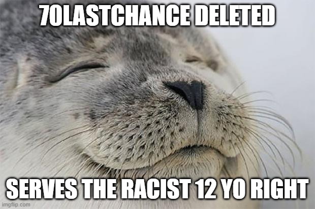 everyone cheer | 70LASTCHANCE DELETED; SERVES THE RACIST 12 YO RIGHT | image tagged in memes,satisfied seal | made w/ Imgflip meme maker