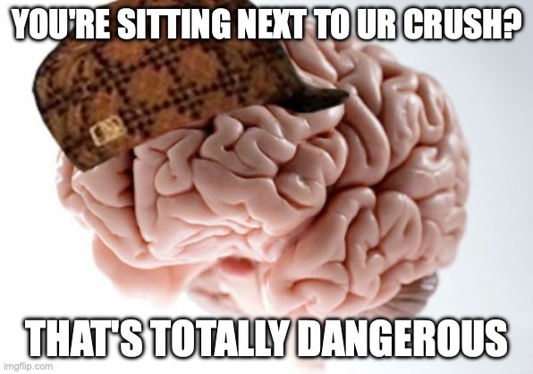 My brain's like she's dangerous | YOU'RE SITTING NEXT TO UR CRUSH? THAT'S TOTALLY DANGEROUS | image tagged in memes,scumbag brain,funny,crush,relatable,dangerous | made w/ Imgflip meme maker