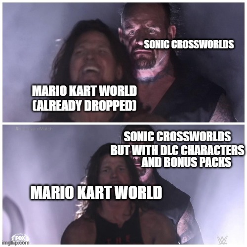 Mario Kart World vs Sonic Racing Crossworlds | AND BONUS PACKS | image tagged in mario,sonic the hedgehog | made w/ Imgflip meme maker