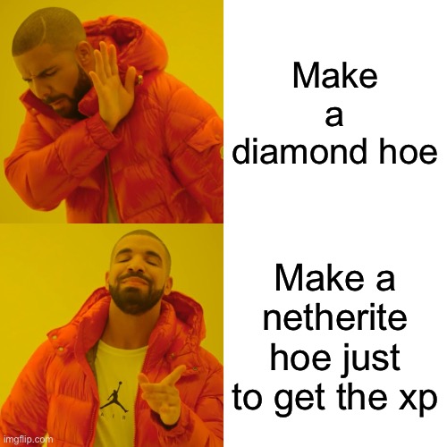 Challenge Complete! Serious Dedication | Make a diamond hoe; Make a netherite hoe just to get the xp | image tagged in memes,drake hotline bling | made w/ Imgflip meme maker