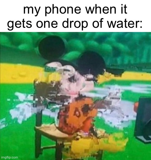 glitchy mickey | my phone when it gets one drop of water: | image tagged in glitchy mickey | made w/ Imgflip meme maker