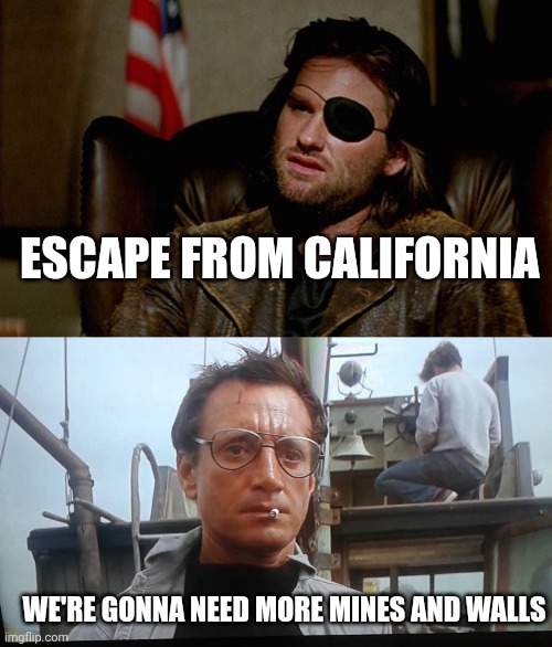 ESCAPE FROM CALIFORNIA WE'RE GONNA NEED MORE MINES AND WALLS | image tagged in snake plissken asks,we're gonna need a bigger boat | made w/ Imgflip meme maker