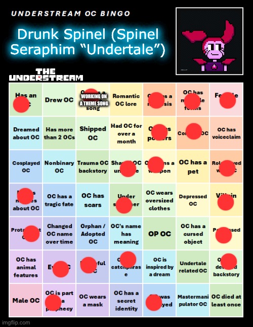 UNDERSTREAM OC BINGO (By InteractionSystem) | Drunk Spinel (Spinel Seraphim “Undertale”); WORKING ON A THEME SONG | image tagged in understream oc bingo | made w/ Imgflip meme maker