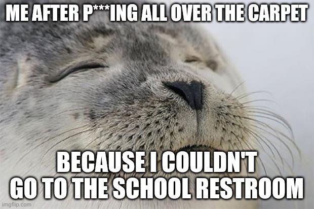 Who relates to this | ME AFTER P***ING ALL OVER THE CARPET; BECAUSE I COULDN'T GO TO THE SCHOOL RESTROOM | image tagged in memes,satisfied seal | made w/ Imgflip meme maker
